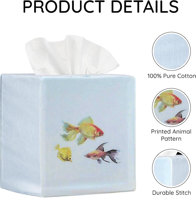 EmbroideryLinen.VN Tissue Box Cover Set of 2, Square Cotton Tissue Holder, Printed Animal Pattern, 4.5x4.5x5.5 Inches, Decorative Holder for Bathroom, Living Room, Office (Fish)