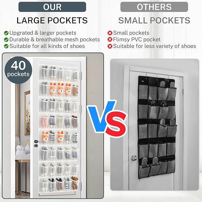 Hualleko 40-Pocket Over the Door Shoe Organizer - Large Mesh Pocket Hanging Shoe Rack for Door, Shoes Storage Holder Sturdy Non-woven Fabric - Stores 20 Pairs (White02)