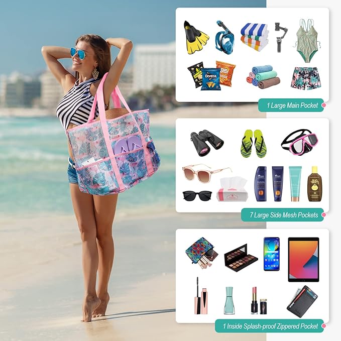 F-color Mesh Beach Bag Family - Large Tote Bag for Cruise Pool Toys Beach Vacation Essentials