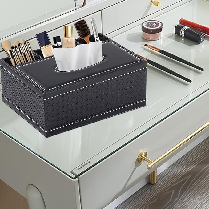 XNONE Tissue Box Cover Rectangle Black Tissue Box Holder PU Leather Facial Tissue Organizer,Multifunctional Remote Control Stationery Storage Box,Home Office Supplies Car Napkin Caddy