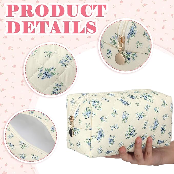 Qinyoung 12 Packs Quilted Makeup Bag Flower Theme Toiletry Cosmetic Bag Aesthetic Makeup Pouch Floral Emergency Kit Pouch for Traveling
