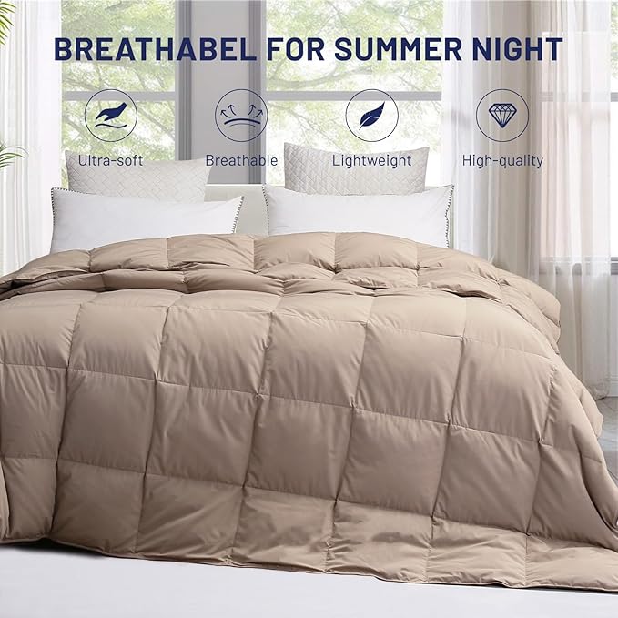 SNOWMAN Extra-Soft Down Blanket King, Lightweight Down Comforter with 8 Corner Tabs, Cooling Bed Comforter for Hot Sleepers, 22oz Fill Weight and Noiseless Down Proof Fabric (Khaki, 106"x90")