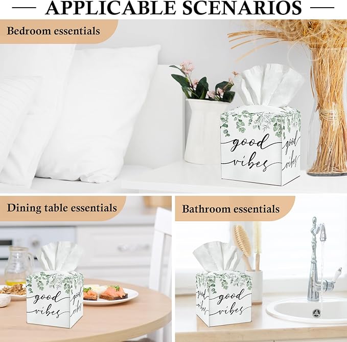 Greenery Tissue Box Covers Square, Green Leaves Leather Tissue Box Holders Decorative for Car Nightstand Home Office Bathroom Organizer, Square Facial Paper Organizer Home Decor -022