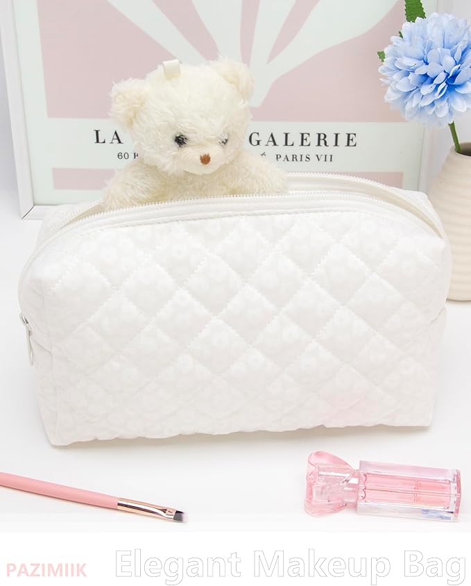PAZIMIIK Vintage Quilted Makeup Bag Cosmetic Pouch for Brushes Pencils and Travel Make Up Accessories for Women and Girls White
