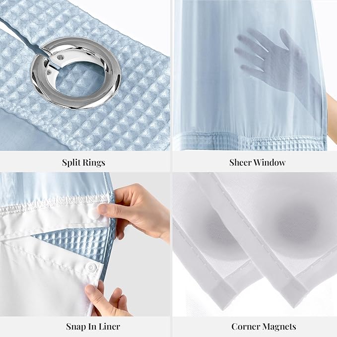 River Dream Misty Blue Fabric Shower Curtain Set, Cotton Blend, Waffle Weave, with Snap in Replacement Liner，71 x 74 inches