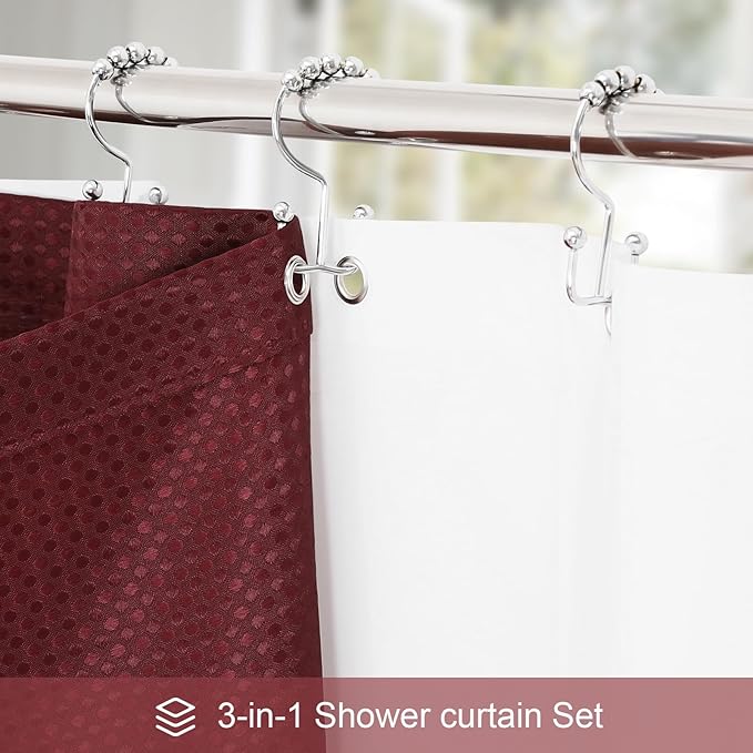Craidlela 3 in 1 Extra Long Burgundy Shower Curtain Set-72 W x 84 H, Modern Waffle and PEVA Liner Set with 12 Stainless Steel Hooks, Waterproof Fabric for Bathroom