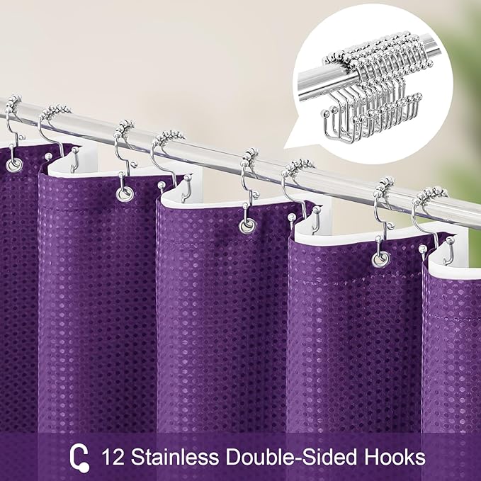 Craidlela 3 in 1 Stall Half Size Purple Shower Curtain Set-36 W x 72 H, Modern Waffle Waterproof Fabric and PEVA Liner Set with Stainless Steel Hooks