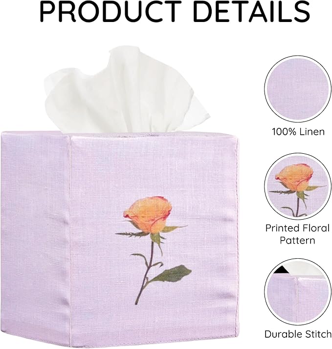 EmbroideryLinen.VN Tissue Box Cover Set of 2, Square Linen Tissue Holder, Printed Floral Design, 4.5x4.5x5.5 Inches, Decorative Holder for Bathroom, Living Room, Office (Rose & Bird of Paradise)