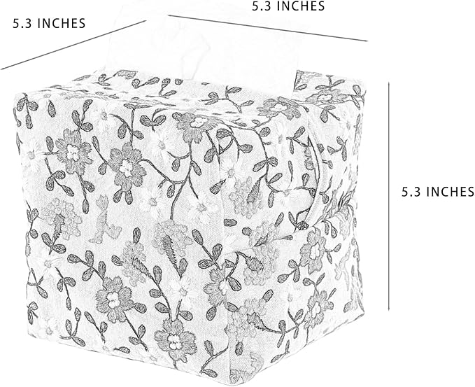 Hausfrau Tissue Box Cover Square Embroidered Jacquard Linen Tissue Holder Case Cube Decorative for Bathroom Vanity Countertop Desk Office, 5.3"x5.3"x5.3", White Flowersea