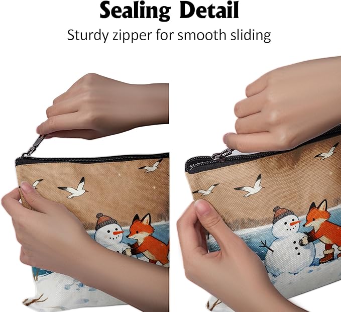 Cafl Fox Making Snowman Makeup Bag Travel Large Winter Cosmetic Bag Organizer toiletry Essentials Jewelry Zipper Bag Gift For Women -10×8 inch