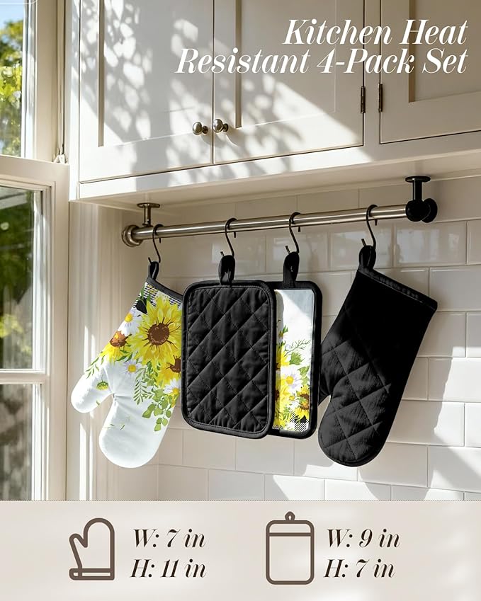 Cotton Oven Mitts and Pot Holders Sets - Quilted Lining Heat Resistant 4 Pieces Set with Hanging Loop Cute Farmhouse Boho Spring Kitchen Decor and Accessories, Plaid Sunflower
