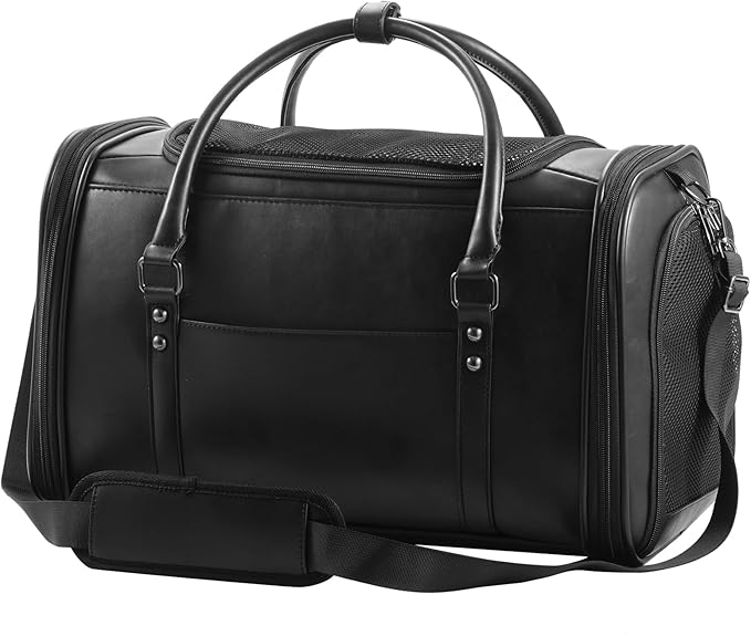 Johomviin Stylish Leather Pet Carrier for Small Dogs and Cats Up to 15 lbs, Airline Approved Lightweight Travel Tote with Breathable Mesh and Shoulder Strap Black