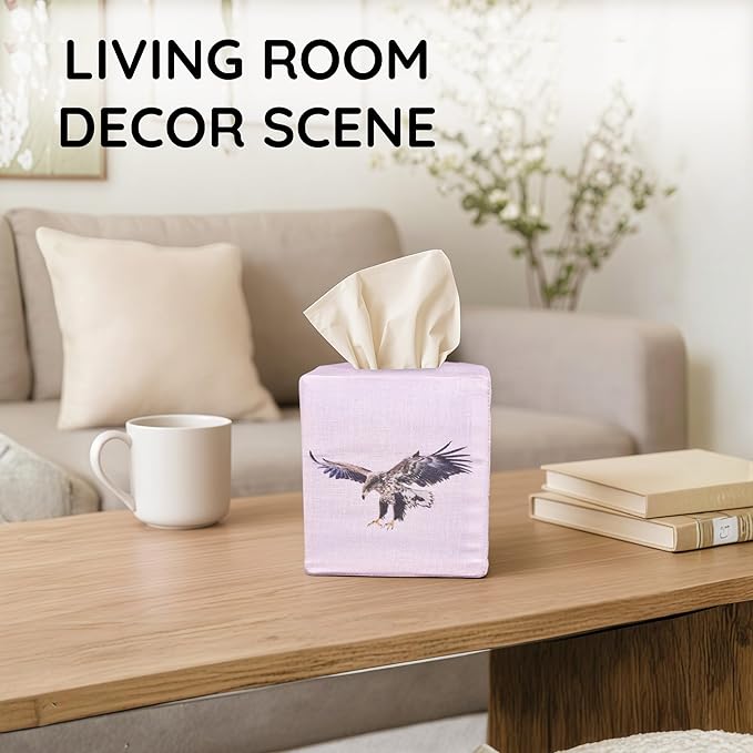EmbroideryLinen.VN Tissue Box Cover Set of 2, Square Linen Tissue Holder, Printed Animal Pattern, 4.5x4.5x5.5 Inches, Decorative Holder for Bathroom, Living Room, Office (Eagle)