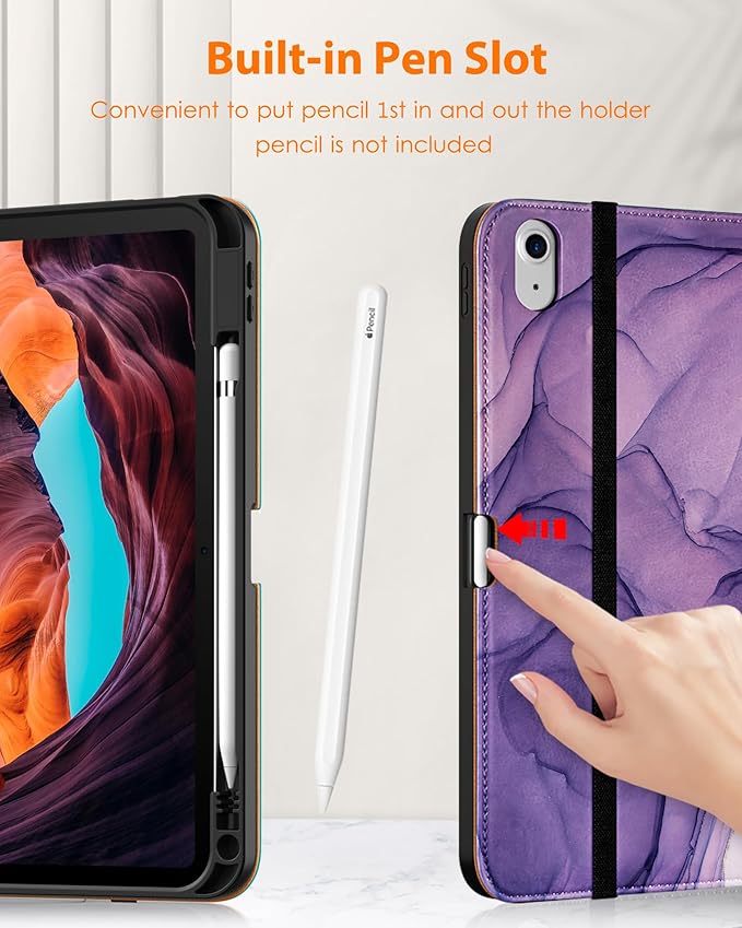 DTTO for iPad (A16) 11th Generation Case 11 Inch 2025, iPad 10th Generation Case 10.9 Inch 2022, Premium Leather Business Folio Stand Cover with Pencil Holder - Auto Wake/Sleep, Purple Marble