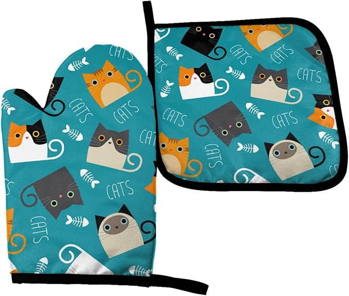Cute Cats Oven Mitts and Pot Holders Funny Kitten Insulated Gloves & Kitchen Counter Safe Mats for Cooking BBQ Baking Grilling (2-Piece Set)