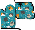Cute Cats Oven Mitts and Pot Holders Funny Kitten Insulated Gloves & Kitchen Counter Safe Mats for Cooking BBQ Baking Grilling (2-Piece Set)