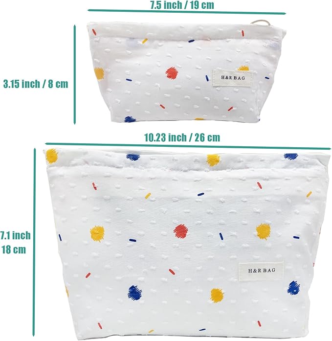 getgto 2 Pcs Makeup Bags, Large Cosmetic Bag Travel Toiletry Bag Organizer for Women, Embroidery Craft, Floral Makeup Bag Small Cosmetic Pouch Purse with Zipper, Gifts for Girls Teen (Colorful Dots)