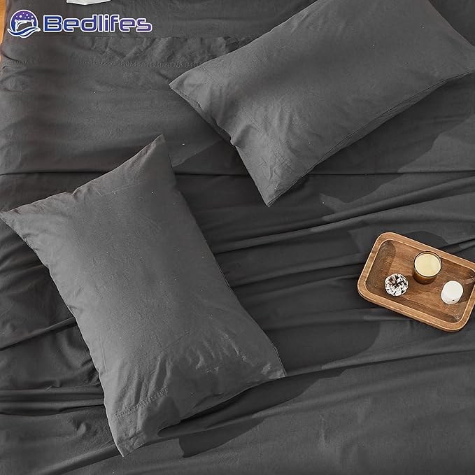 Bedlifes 100% French Pure Linen Sheets California King Size Breathable and Cooling Flax Sheet Set Soft Durable and Moisture Wicking 16 Inch Deep Pocket-4 Piece(Cal King,Dark Grey)