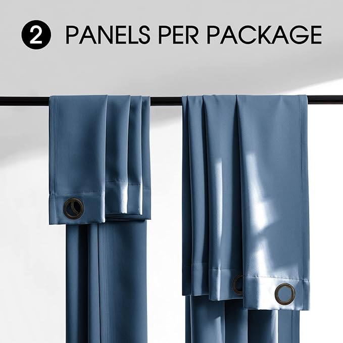 Rutterllow 100% Blackout Curtains, Full Shade Long Complete Drapes for Living Room, Thermal Insulated Bedroom Window Treatment Drapes (2 Panels, Stone Blue, 52 x 90 inch)