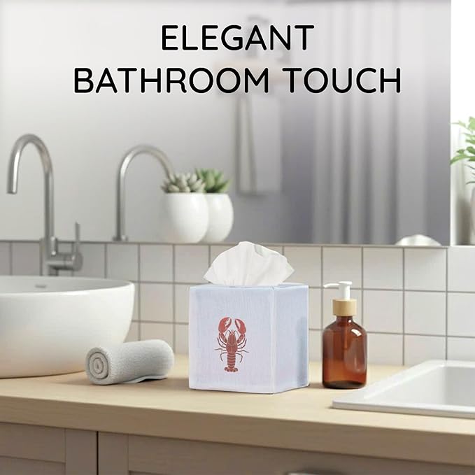 EmbroideryLinen.VN Tissue Box Cover Set of 2, Square Linen Tissue Holder, Printed Animal Pattern, 4.5x4.5x5.5 Inches, Decorative Holder for Bathroom, Living Room, Office (Lobster)