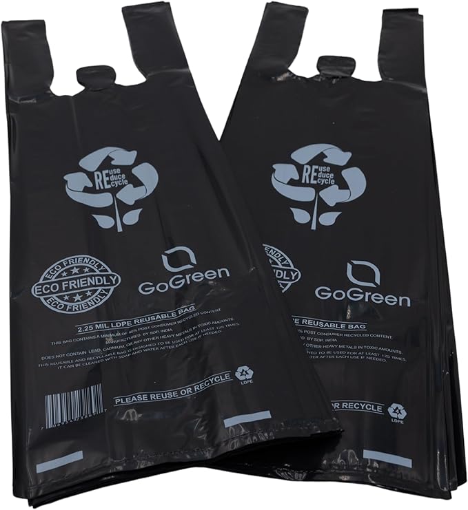 ASSUREPAK Black Reusable/Eco-Friendly LDPE T-Shirt - Single Bottle Bag 6"X4"X20" - 400 Bags - 57 Micron (2.25 mil) - Black - BLKLD40REC225REUSE6420