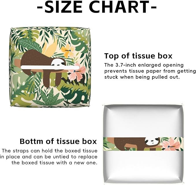 Cute Sloth Tissue Box Cover Square,Jungle Leaves Tissue Box Holder with Belt Bottom,Stylish Leather Napkin Holder for Vanity Countertop,Nightstands,Office Desk,5.2"×5.2"×5.2"