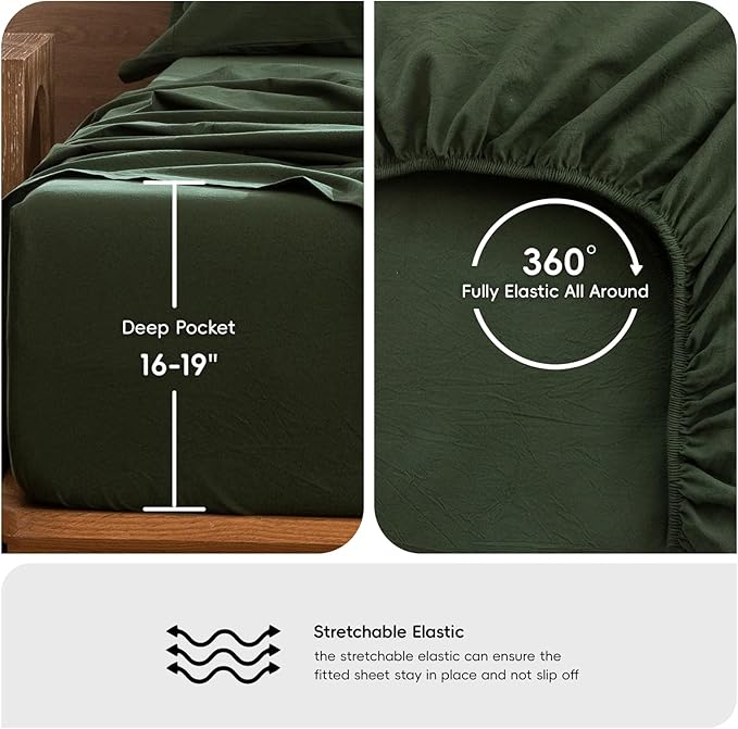 MooMee Bedding Sheet Set 100% Washed Cotton Linen Like Textured Breathable Durable Soft Comfy (Solid Forest Green, Split King)