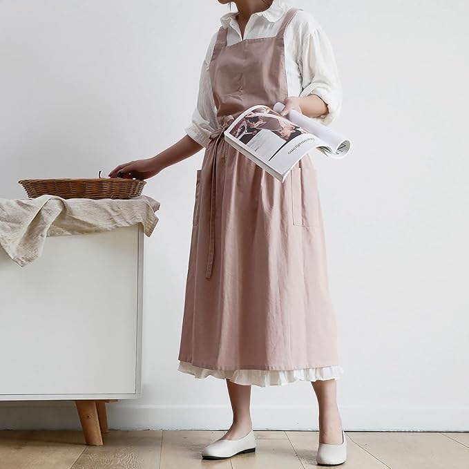 ODIZLI Frill Apron for Women Cotton Cross Back Vintage Ruffle Apron for Garden Cooking Aprons