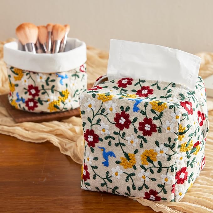 Hausfrau Tissue Box Cover Rectangular Embroidered Jacquard Linen Tissue Holder Case Decorative for Bathroom Vanity Countertop Desk Office, 10"x5.3"x5.3", Red Flowersea