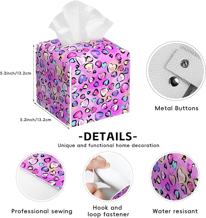 Colorful Heart Tissue Box Cover,Leopard Print PU Leather Tissue Box Holder Square,Modern Home Decoration for Bathroom Living Room Kitchen Office Car,5.2"×5.2"×5.2"