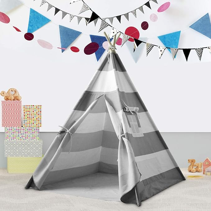 Teepee Tent for Kids Boys Indoor Play Teepee Tent for Boy Grey Stripe Teepee Kids Tent Indoor for Children Nursery Decor, Foldable Teepee for Boys & Girls Birthday Gift