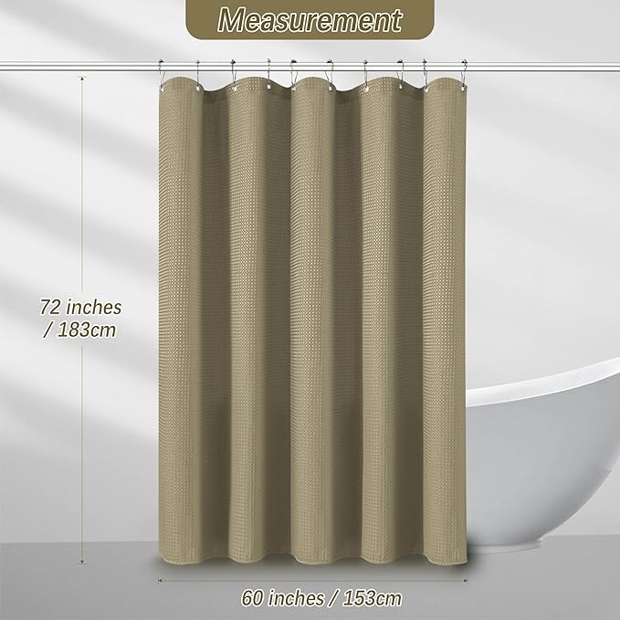 PANGSINNE Taupe Fabric Shower Curtain for Bathroom Stall, 60 inche Waffle Weave Machine Washable Waterproof 256GSM Heavy Duty Weighted Bath Curtain Set with 10 Metal Hooks, 60Wx72H
