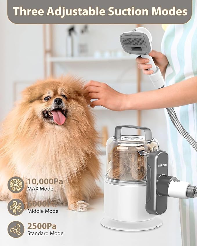 Simple Way Dog Vacuum Grooming Kit for Shedding: Professional Hair Clippers Pet Groomer - Strong Suction Cleaner Deshedding Tool Fur Brush Attachment Trimmer for Home Cat (Milky)