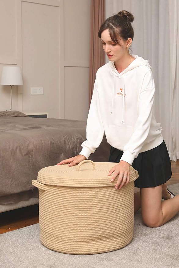 20" x 20" x 15" Extra Large Storage Basket with Lid, Cotton Rope Storage Baskets, Laundry Hamper, Cloth Bin, for Clothes Towels Blankets Pillows Storage in Living Room, All Beige