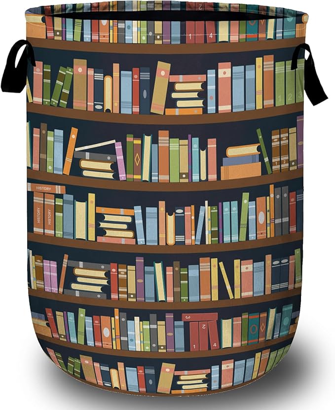 Bookshelf Laundry Basket with Sturdy Handles, Books Collapsible Oxford Cloth Laundry Hamper Organizer Basket for Bathroom Bedroom 15.7x20 Inch