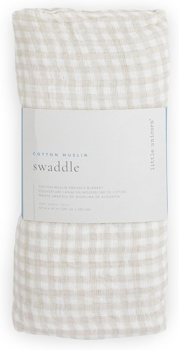 Little Unicorn Premium Cotton Swaddle Baby Blanket | Breathable Fabric | for swaddling, Play, Nursing & More (Tan Gingham)