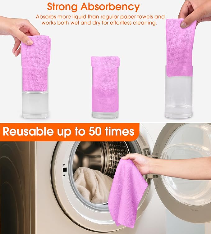 CHAUNCEY HOME Microfiber Cleaning Cloth Roll - 100 Pack Tear Away Microfiber Paper Towels, Reusable, Washable, Scratch-Free, Kitchen Towels for Car, Home, Kitchen, Glass, Dishes (Light Purple)