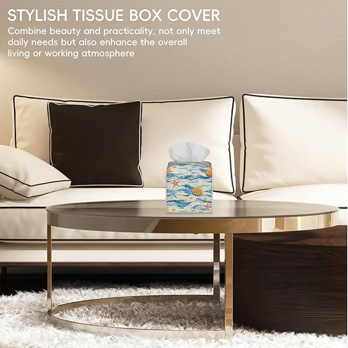 Tissue Box Cover Leather Tissue Box Holder Cube Tissue Case Cover Facial Paper Organizer Dispenser for Bathroom, Vanity Countertop, Office Desk (Watercolor Seashell and Starfish)