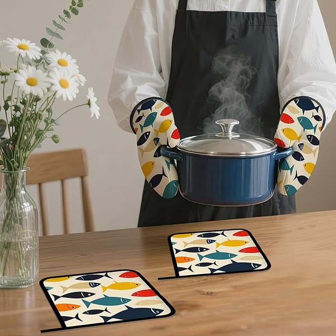 Cute Fish Oven Mitts and Pot Holders Set,Boho Kitchen Decor Heat Resistant Non Slip Hot Pads and Oven Mitt for Chef Cooking Baking BBQ Mom Girl Gifts(4 Piece Set)