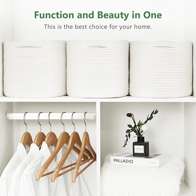 ECDYQXVU Cotton Rope Storage Basket, 15x10x9 Inches, Woven Basket for Shelves, Clothes, Towels, Books, and Laundry, White (3 Pack)