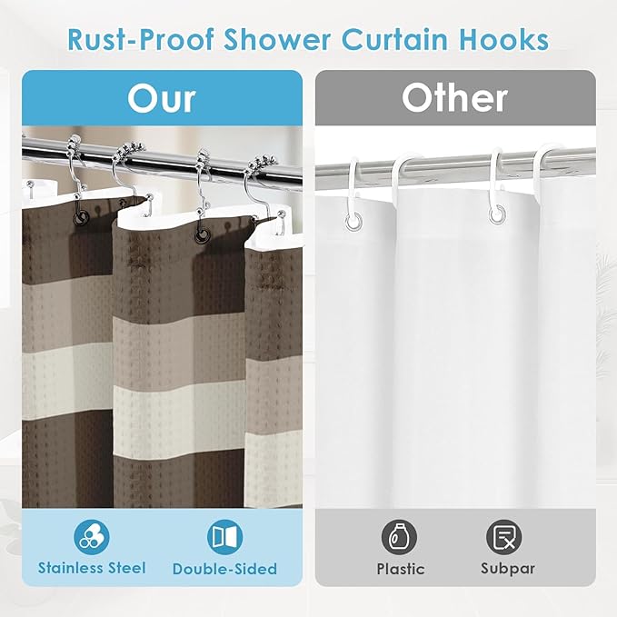 Nesphy Shower Curtain and Liner, Brown Striped 3 in 1 Shower Curtain and PEVA Liner Set with 12 Rust-Resistant Metal Hooks, Waterproof Fabric Shower Curtains for Bathroom, 72 W x 72 H