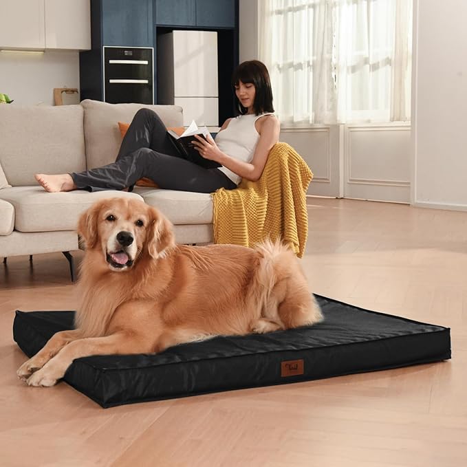 Tail Stories Outdoor Orthopedic Dog Bed for Extra Large Dogs, XL Waterproof Flat Pet Bed 44x32 Inch, Egg Crate Foam with Removable Washable Oxford Cooling Cover, Black