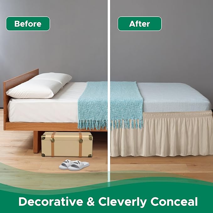 Biscaynebay Wrap Around Bed Skirts for King & Cal King Beds 15" Drop, Light Camel Elastic Dust Ruffles with Adjustable Belts Silky Luxrious Fabric Machine Washable