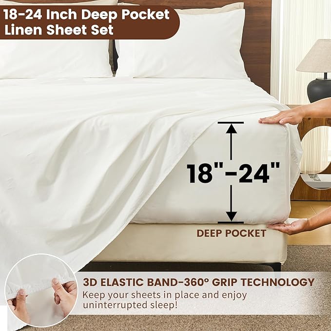 Bedlifes 100% French Linen Sheets California King Size 18-24" Extra Deep Pocket 4-Piece Set Breathable & Moisture-Wicking,Soft & Durable Sheets for Thick Mattresses(White)