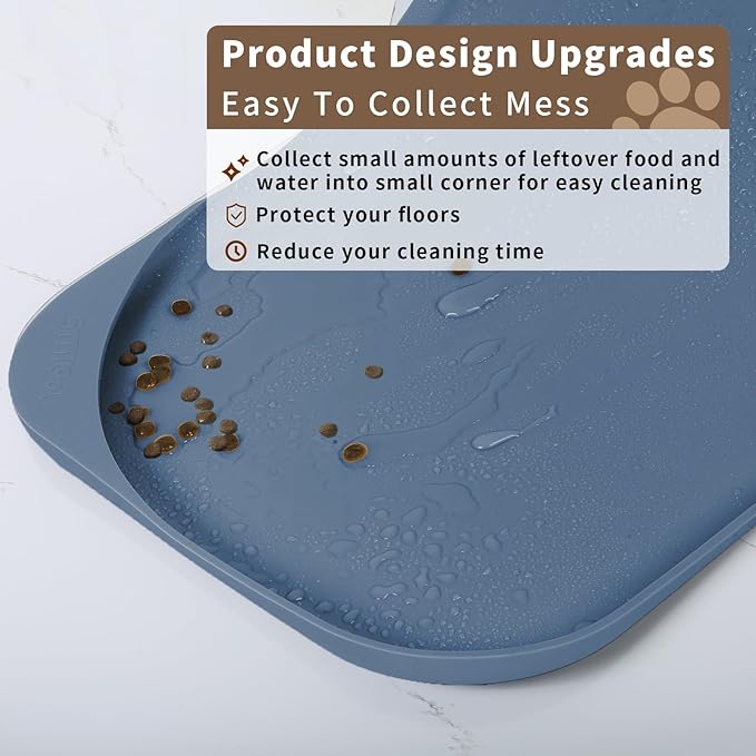 Smilool Silicone Pet Food Mat with Raised Edge for Food and Water Bowl, Dog Feeding Mats, Cat Food Trays for Floor Waterproof, Rubber Tray for Dogs and Cats, 24 x 16 x 0.8 Slate Blue