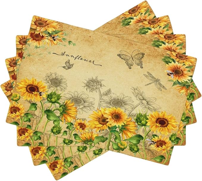 Sunflower Placemats, Rural Vintage Old Watercolour Sunflower Butterfly Flower Bee Print Washable Fabric Placemats Table Kitchen Dining Party 12x18 Inch Set of 4