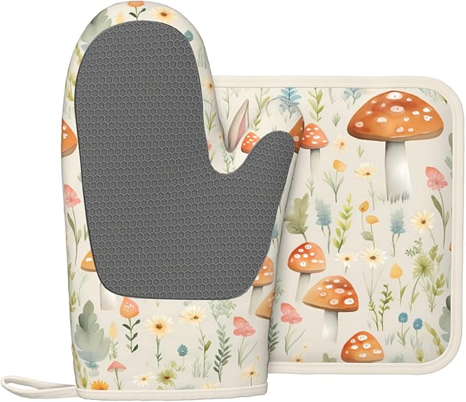 Oven Mitts and Potholders Funny Rabbit Sunflowers Silicone Glove Heat Resistant, Kitchen Gloves for Cooking, 2-Piece Set