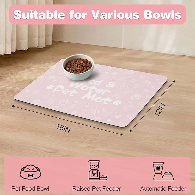Pet Feeding Mat,Dog Cat Mat for Food and Water,Dog Bowl Waterproof Placemat with Rubber Backing,Absorbent Quick Dry Water Dispenser Mat for Pet（Pink 12"×18"）