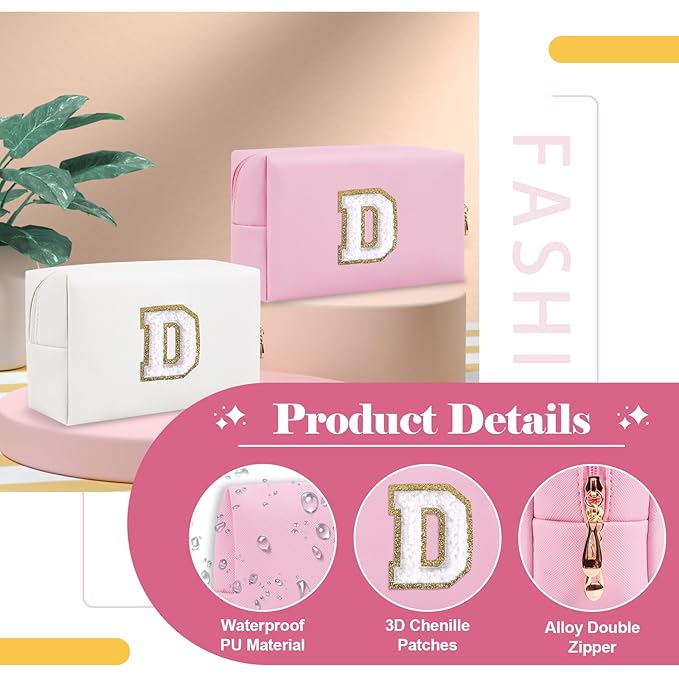 Personalized Initial A-Z Preppy Patch Makeup Bag,Small PU Chenille Letter Cosmetic Bag with Zipper for Teen Girls,Pink Cute Toiletry Organizer Bag,Monogram Makeup Case Gift for Women Girls,Letter D