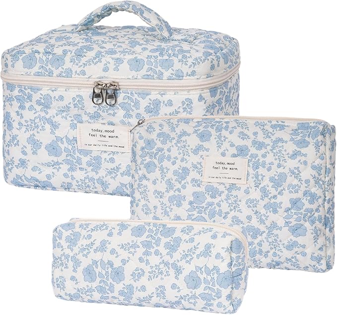 SXS LACONIC Quilted Makeup Bag,Large Cosmetics Bag Set,Coquette Floral Make up Pouch,Travel Toiletry Bag for Women